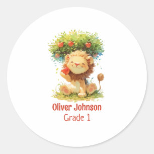 Sticker Rond Lion Souriant Assis Sous Un Pommier Enfants