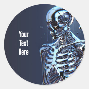 Sticker Rond Liquid Chrome Argent Squelette Robot Anniversaire