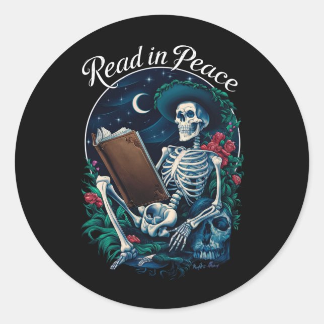 Sticker Rond Lire dans Peace Skeleton Lecture Livre Lover Booki (Devant)