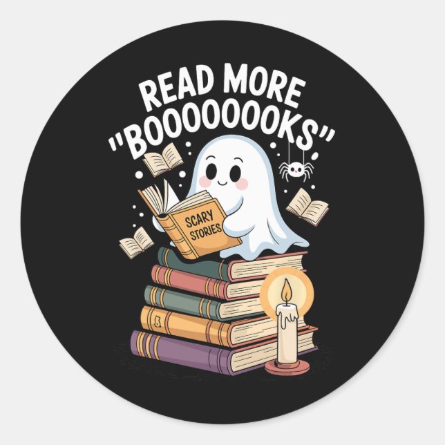 Sticker Rond Lire Plus Livres Ghost Lecture Halloween Art Te (Devant)