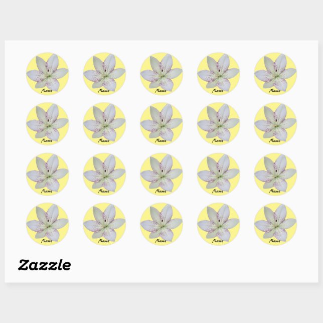 Sticker Rond Lis blanc aux rayons dorés Fleur ,Nom personnalisé (Feuille)