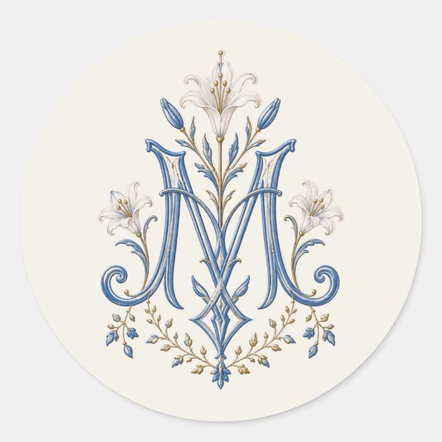Sticker Rond Lis catholiques de monogramme marian bleu (Devant)