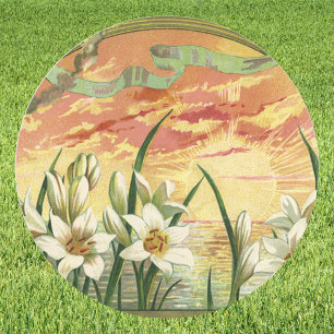 Sticker Rond Lis de Pâques vintage au lever du soleil et anges
