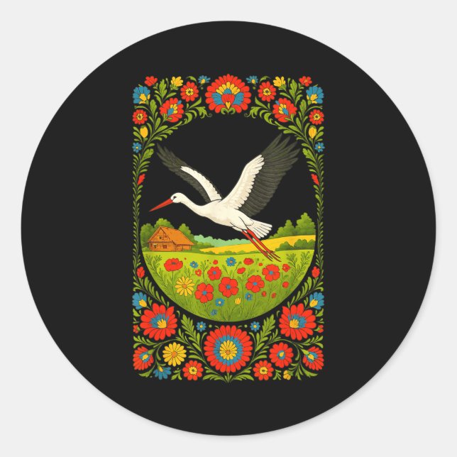 Sticker Rond Lish Stork Folk Art Lska Countryside Design  (Devant)