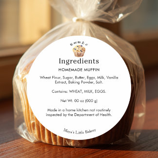 Sticker Rond Liste des ingrédients de la boulangerie de muffins