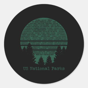 Sticker Rond Liste des parcs nationaux Usa Word Art Cloud Trees