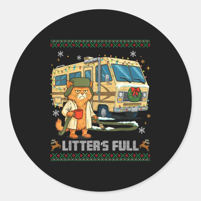 Sticker Rond Litter's Full Funny Silly Cat Holding Coffee Meme  (Devant)