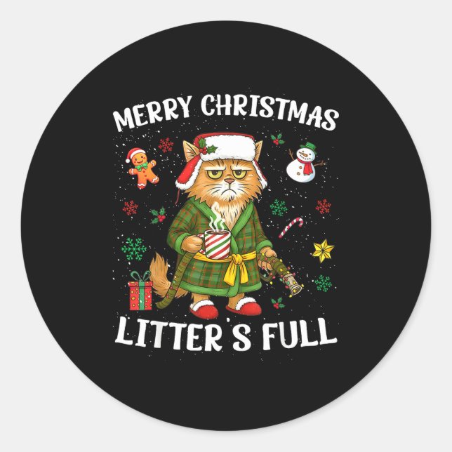 Sticker Rond Litter's Full Merry Christmas Funny Cat Lovers Hol (Devant)