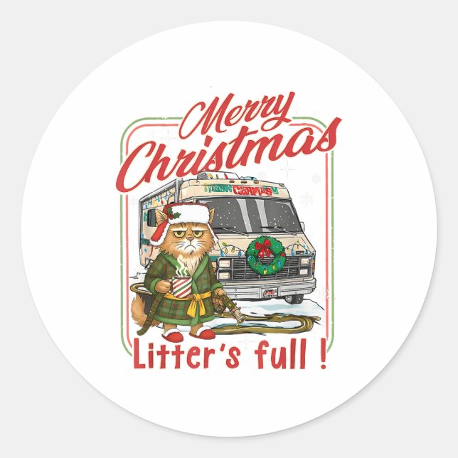 Sticker Rond Litter's Full Merry Christmas Funny Cat Lovers Hol (Devant)