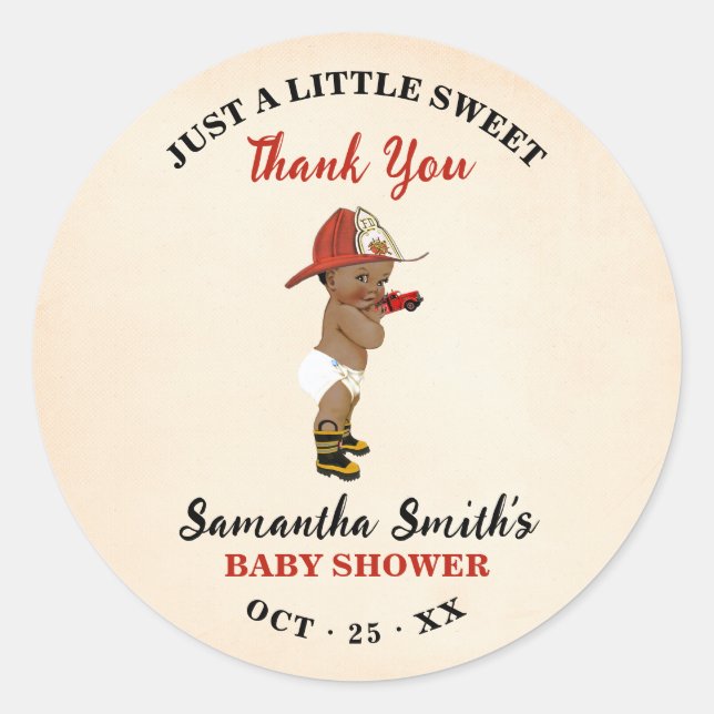 Sticker Rond Little AA Firefighter Baby shower rouge Merci (Devant)