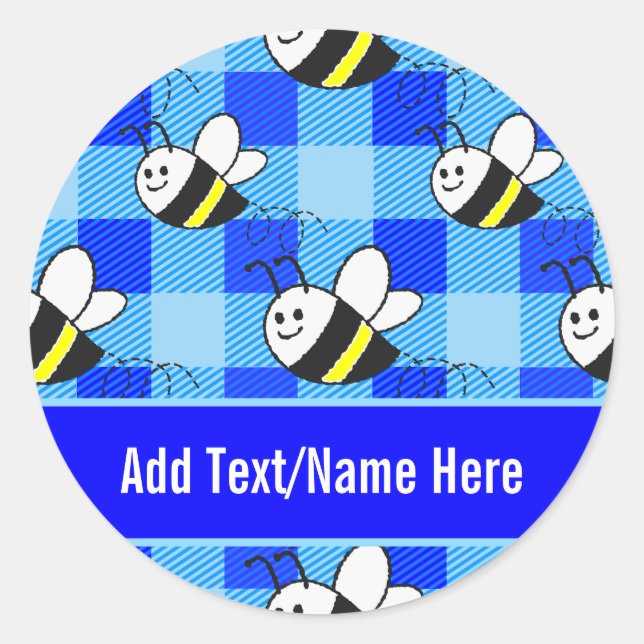 Sticker Rond Little Bee Blue Plaid Motif Nom personnalisé (Devant)