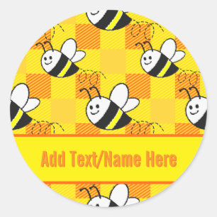 Sticker Rond Little Bee Jaune et Orange Plaid Nom personnalisé