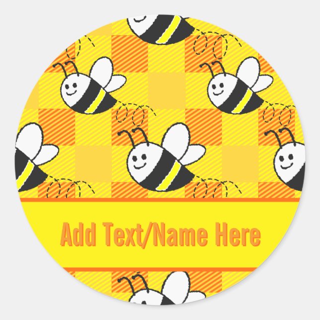Sticker Rond Little Bee Jaune et Orange Plaid Nom personnalisé (Devant)