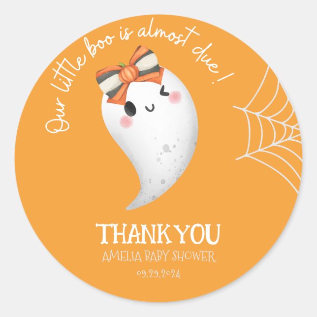 Sticker Rond Little Boo Halloween fantôme baby shower orange (Devant)