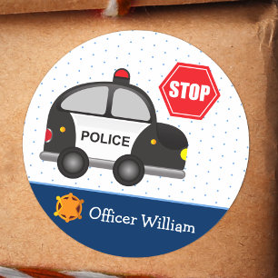 Sticker Rond Little Boy Police Officier et Voiture Kid Blue