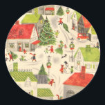 Sticker Rond Little Christmas Village<br><div class="desc">Design rétro avec rouge et vert citron. Village de Noël avec arbres de Noël décorés,  maisons décorées,  gens se promenant et voitures dans les allées. Cute</div>