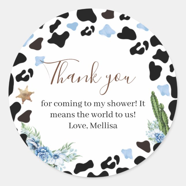 Sticker Rond Little Cowboy Western Baby Shower Thank you (Devant)
