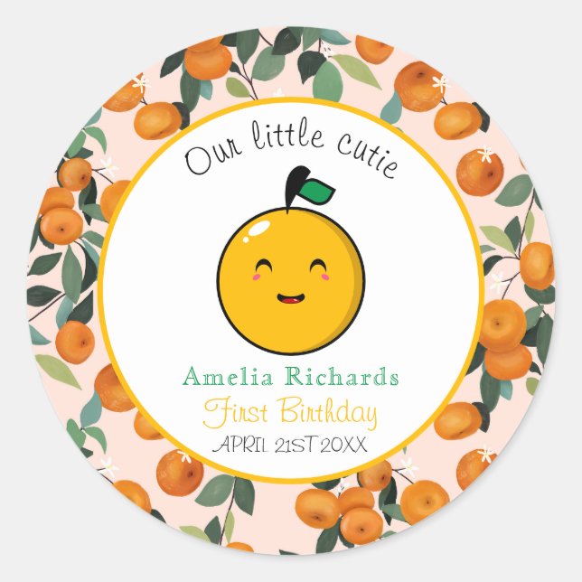 Sticker Rond Little Cutie Orange Citrus 1er anniversaire (Devant)