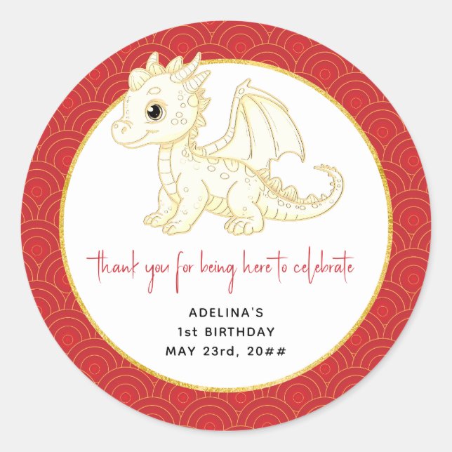 Sticker Rond Little Dragon mignonne Gold Red Baby 1er anniversa (Devant)