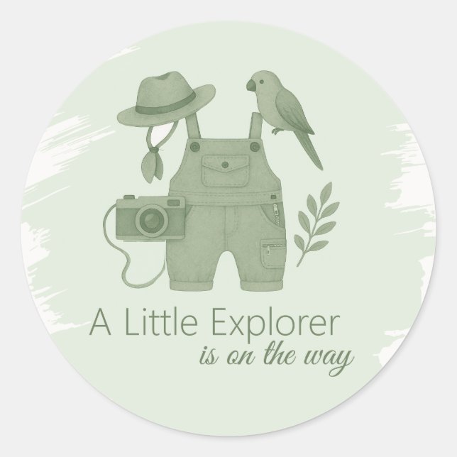Sticker Rond Little Explorer Is On The Way Baby Shower (Devant)