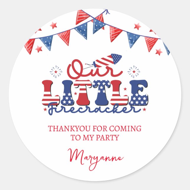 Sticker Rond Little Firecracker Anniversaire Fête Thankyou Stic (Devant)