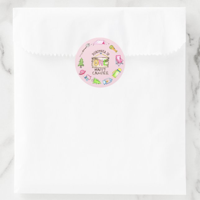 Sticker Rond Little Girl One Happy Camper First Birthday Party (Sac)
