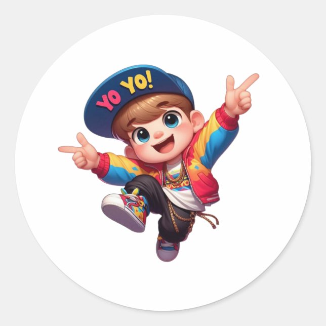 Sticker Rond Little Hip-Hop Star - Cool Cartoon Kid in Streetwe (Devant)