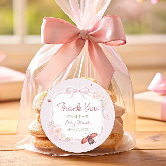 Sticker Rond Little Love Bug Bloom Pink Baby Shower Thank you (Créateur téléchargé)