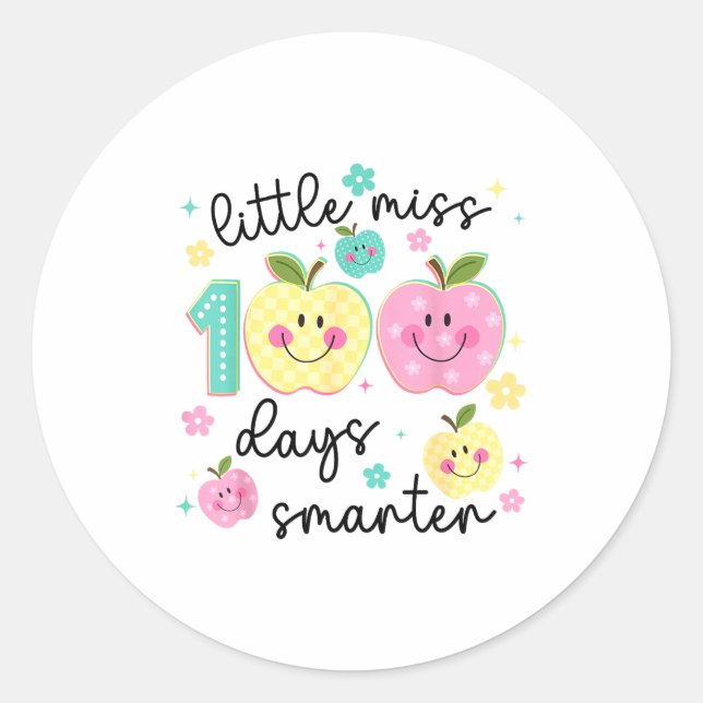 Sticker Rond Little Miss 100 Days Smarter Kids Girls 100th Day  (Devant)