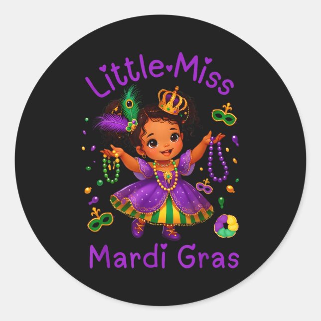 Sticker Rond Little Miss Mardi Gras Messy Bun Girls Kids New Or (Devant)