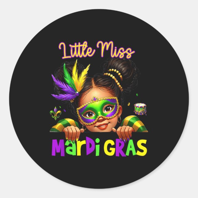Sticker Rond Little Miss Mardi Gras Messy Bun Girls Kids New Or (Devant)