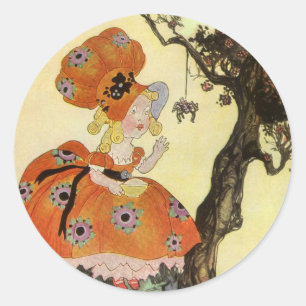 Sticker Rond Little Miss Muffet & Araignée, Vintage Mother Goos