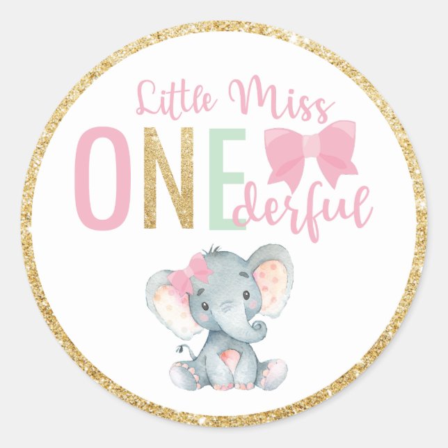 Sticker Rond Little Miss ONEderful 1st Birthday Favor Elephant (Devant)