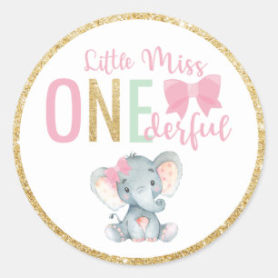 Sticker Rond Little Miss ONEderful 1st Birthday Favor Elephant