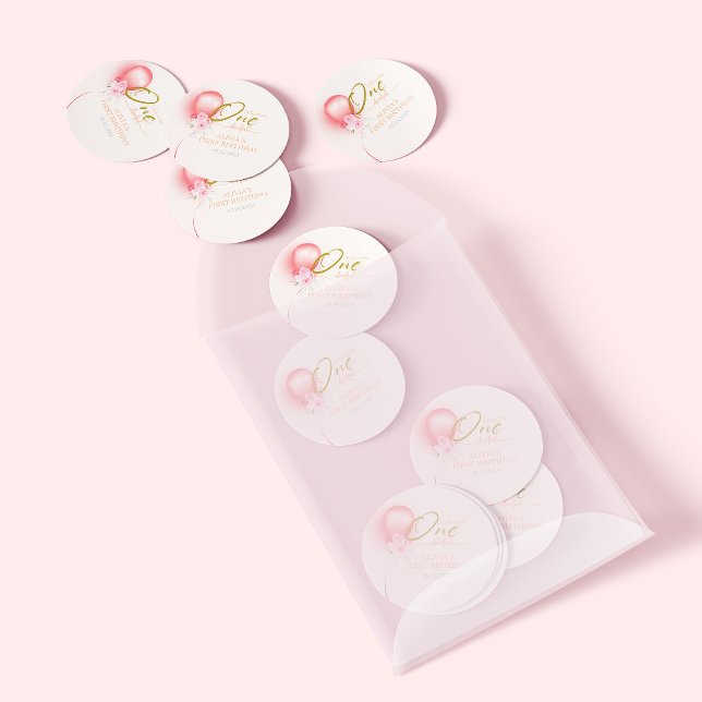 Sticker Rond Little Miss ONEderful Balloon rose Fleur Anniversa (Créateur téléchargé)