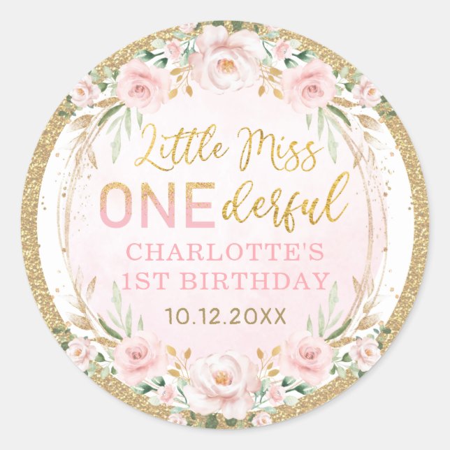 Sticker Rond Little Miss ONEderful Blush Rose Floral Anniversai (Devant)