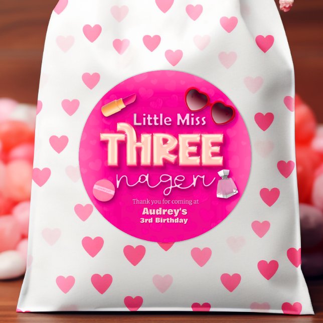 Sticker Rond Little Miss Threenager - Fille 3e anniversaire (Little Miss Threenager - Girl 3rd Birthday Classic Round Sticker)