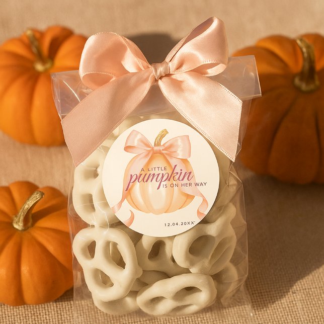 Sticker Rond Little Pumpkin on the Way Pink Bow Baby Shower (Créateur téléchargé)