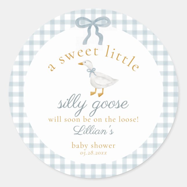 Sticker Rond Little Silly Goose Bow Baby Shower Blue Gingham  (Devant)