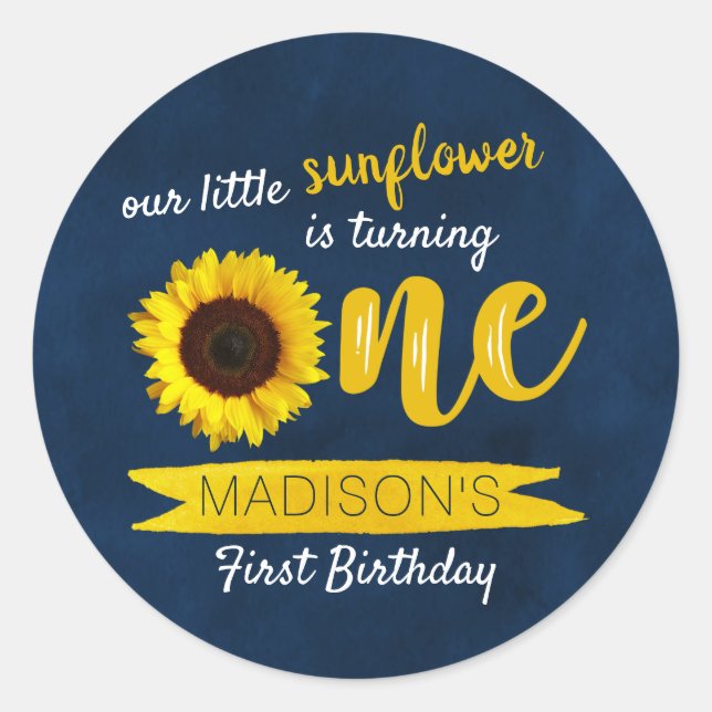 Sticker Rond Little Sunflower Navy Bleu 1er anniversaire (Devant)