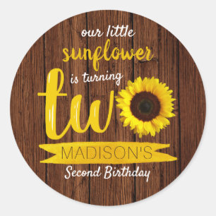 Sticker Rond Little Sunflower Rustic Wood 2e anniversaire