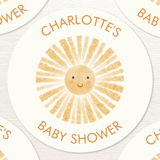 Sticker Rond Little Sunshine Baby shower personnalisé (Fun personalized watercolor sunshine baby shower stickers with custom name and text)