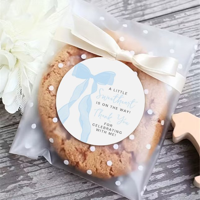 Sticker Rond Little Sweetheart Elegant Blue Bow Baby Shower (Créateur téléchargé)