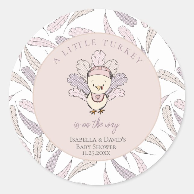 Sticker Rond Little Turkey Feathers Autumn Girl Baby shower (Devant)