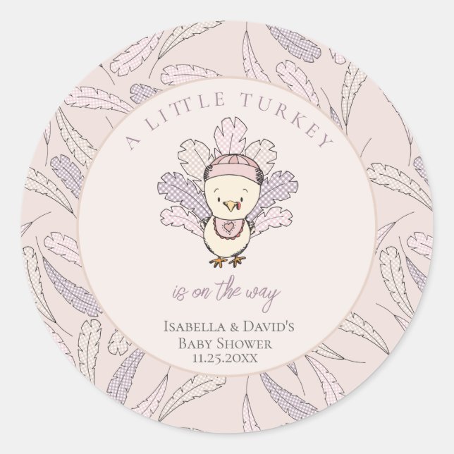 Sticker Rond Little Turkey Feathers Autumn Girl Baby shower (Devant)