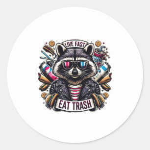 Sticker Rond Live Fast Eat Trash Funny Raccoon Camping Vintage