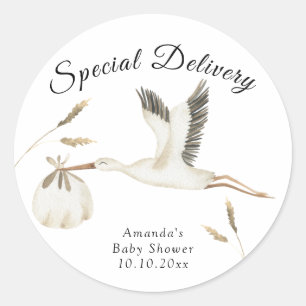 Sticker Rond Livraison spéciale aquarelle Baby Shower Cigogne
