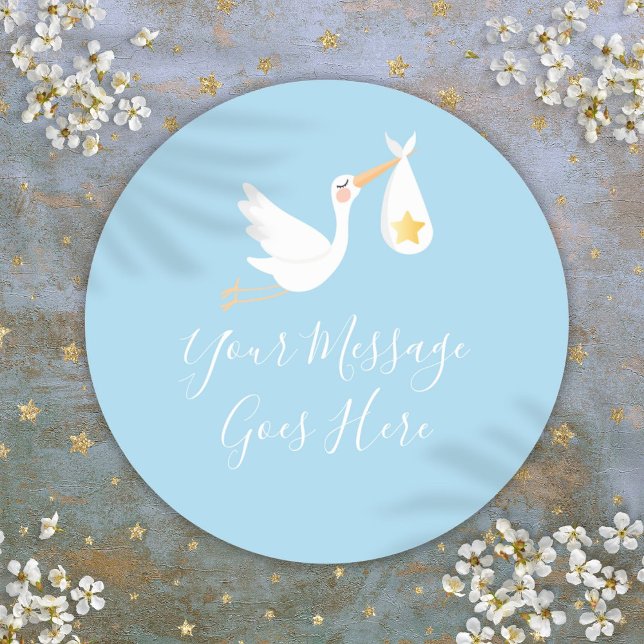 Sticker Rond Livraison spéciale Cigogne Étoile d'Or Bébé Bleu (Special Delivery Stork Gold Star Baby Blue Classic Round Sticker)