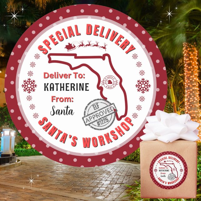 Sticker Rond Livraison spéciale de Père Noël à Enfant en Florid (Recommend 3"/Matte for hand written names. Merry Christmas!)