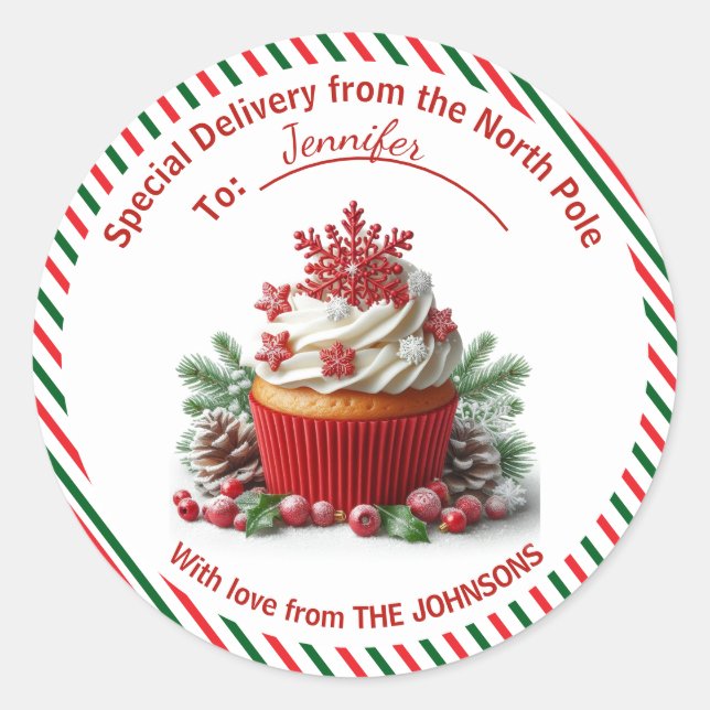 Sticker Rond Livraison spéciale du Cupcake du Pôle Nord (Devant)